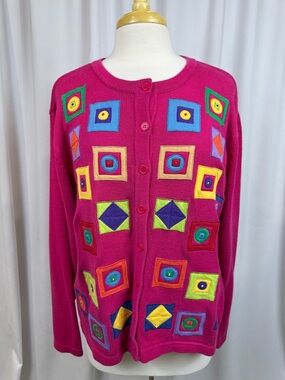 Bechamel Vibrant Colorful Hot Pink Knit Cardigan, XL